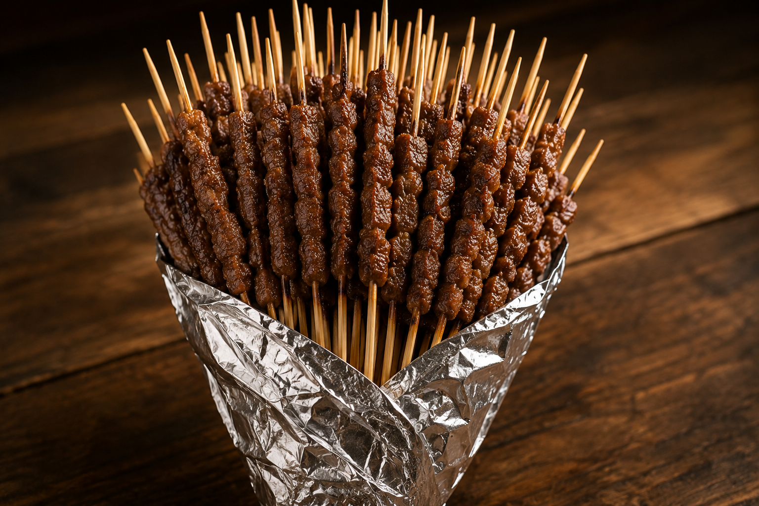 A bundle of arrosticini wrapped in foil