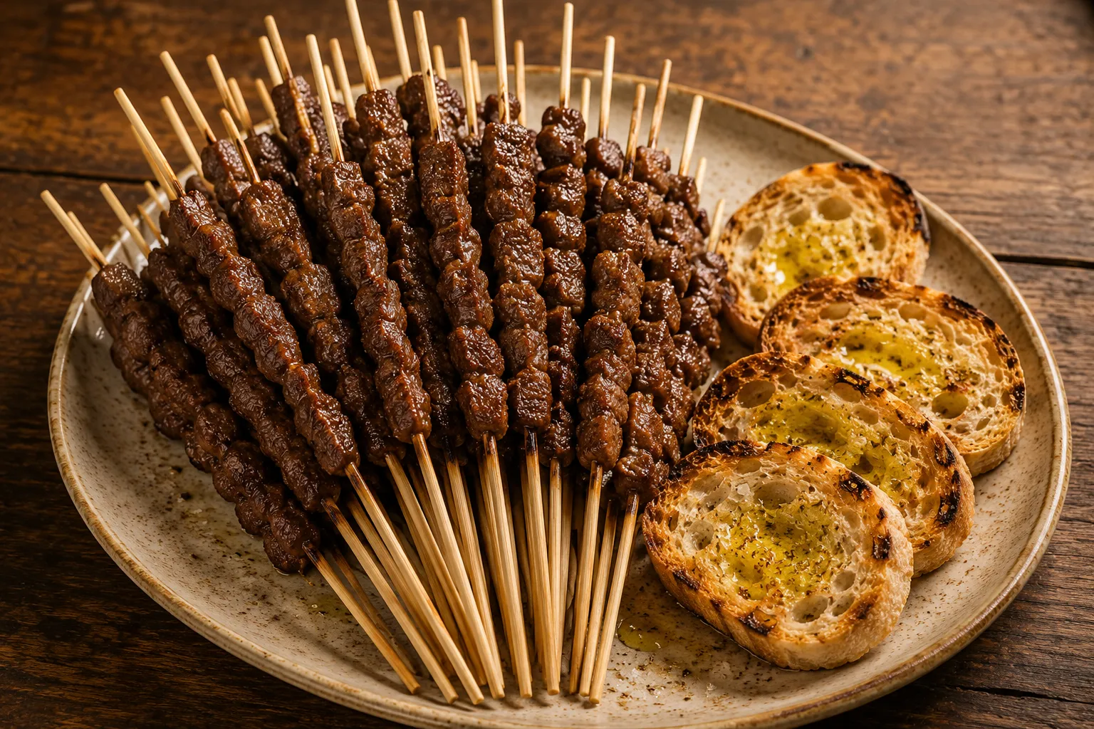Arrosticini served with toasted bread and olive oil